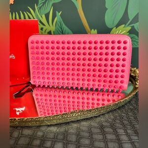 Christian Louboutin NEW Panettone Pink on Pink Spiked Long Zip Wallet